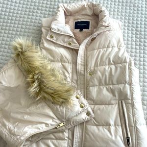 Warm lined winter white vest with faux fur lined hood. Size small.
